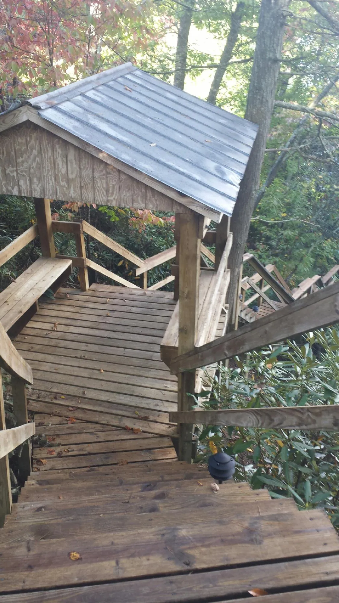 Metal roofed shelter over wooden steps on a wooded walkway — Skylight Repair & Installation work by our crew in Holladay